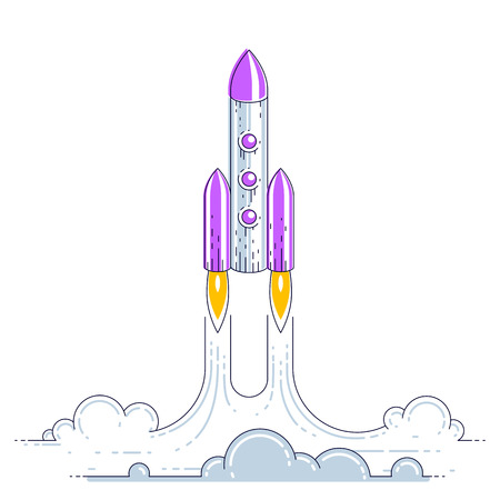 Rocket launch into undiscovered space. Explore universe, breathtaking space science. Thin line 3d vector illustration isolated on white.のイラスト素材