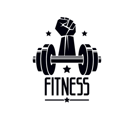 Gym and fitness logo template, retro style vector emblem. With barbell and strong hand fist.のイラスト素材