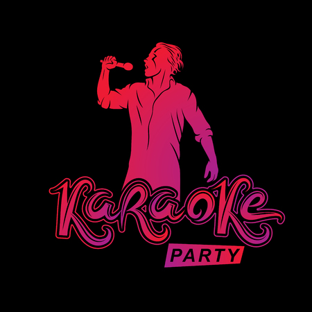 Happy man with microphone sings karaoke, famous superstar concert invitation flyer. Karaoke party writing.のイラスト素材