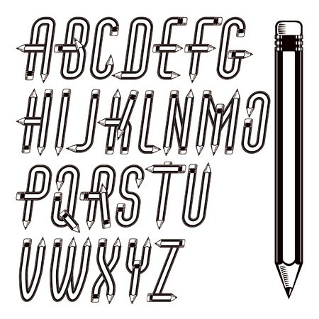 Set of vector capital alphabet letters isolated created using stationery design, constructed with pencils. For use in reporting and journalism.のイラスト素材