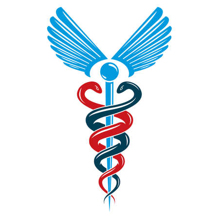 Caduceus symbol made using bird wings and poisonous snakes, healthcare conceptual vector illustration.のイラスト素材