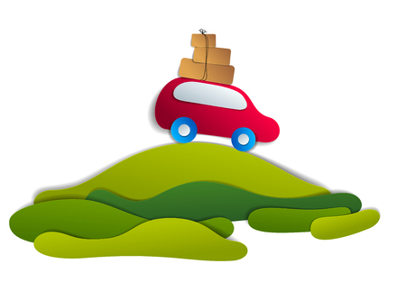 Red car with baggage in scenic nature landscape, green fields and trees, paper cut style vector illustration of summer holidays travel and tourism, family or friends.のイラスト素材