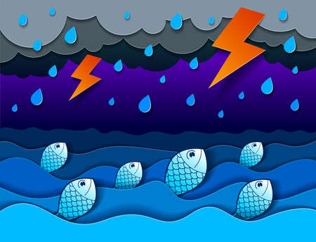 Thunderstorm with lightning over the sea and funny cartoon fishes looking up with curvy waves rainy weather, perfect modern vector illustration in paper cut 3d style.のイラスト素材