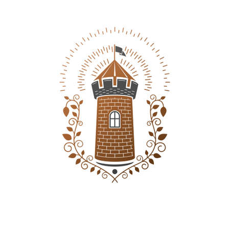 Ancient Fort emblem. Heraldic Coat of Arms decorative logo isolated vector illustration. Ornate logotype in old style on white background.のイラスト素材