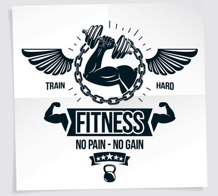 Power lifting competition poster. Vector composition of muscular bodybuilder arm holds disc weight dumbbell sport equipment. No pain, no gain writing.のイラスト素材