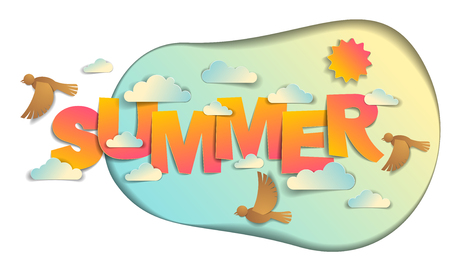 Summer papercut word with birds sun and clouds vector modern style cartoon paper cut 3d illustration.のイラスト素材
