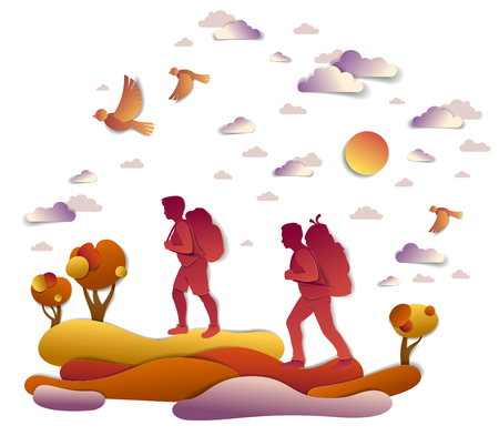 Young active couple hiking in autumn through meadows and fields with trees and birds in the fall sky. Boyfriend and girlfriend hikers having time of rest in nature, vector illustration.のイラスト素材