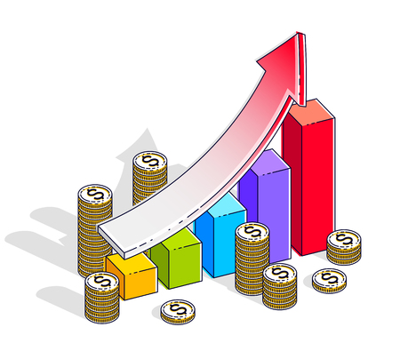 Success and income increase concept, growth chart stats bar with cash money stack isolated on white background. Vector 3d isometric business and finance illustration, thin line design.のイラスト素材