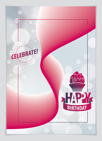 Birthday beautiful greeting card vector design. Includes lettering composition and balloons combined with wavy fluid colorful shape abstract background. A4 format with CMYK colors acceptable for print.のイラスト素材