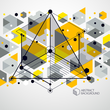 Lines and shapes abstract vector isometric 3D yellow background. Abstract scheme of engine or engineering mechanism. Layout of cubes, hexagons, squares, rectangles and different abstract elements.のイラスト素材