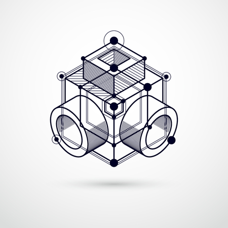 Vector of modern abstract cubic lattice lines black and white background. Layout of cubes, hexagons, squares, rectangles and different abstract elements. Abstract technical 3D background.のイラスト素材