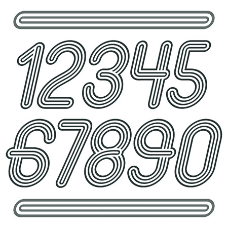 Set of stylish disco vector digits, modern numerals collection. Funky cursive numerals from 0 to 9 best for use in poster art. Made with geometric parallel triple lines.のイラスト素材