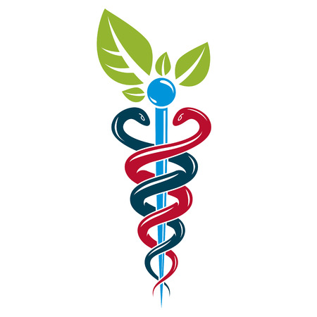 Aesculapius vector abstract illustration created using snakes and green leaves, Caduceus symbol. Healthy lifestyle is strong heart.のイラスト素材