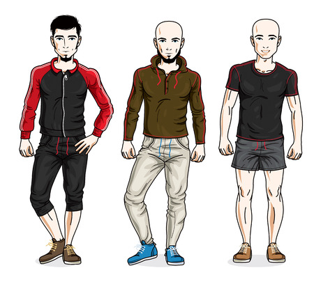 Handsome young men standing wearing stylish sport clothes. Vector set of beautiful people illustrations. Lifestyle theme male characters.のイラスト素材