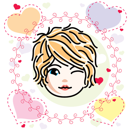 Vector illustration of beautiful blonde happy girl face, positive face features, clipart. Teenager winking.のイラスト素材