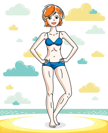 Attractive young redhead woman standing on tropical beach and wearing blue bathing suit. Vector human illustration. Summer vacation theme.のイラスト素材