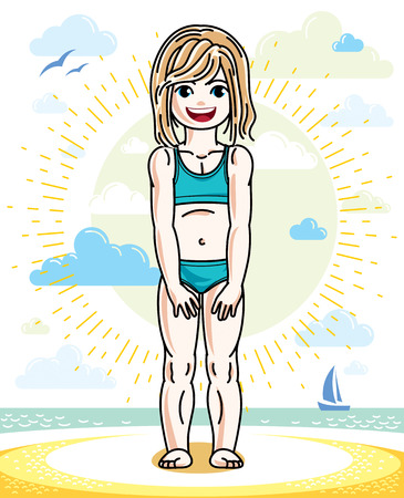 Little blonde girl toddler standing on sunny beach and wearing swimming suit. Vector kid illustration. Summer holidays theme.のイラスト素材