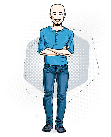 Handsome hairless young man poses on modern background. Vector illustration of male with beard and mustaches. Lifestyle theme clipart.のイラスト素材