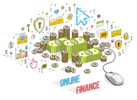 Online finance concept, web payments, internet earnings, online banking, money stacks with computer mouse. Isometric 3d vector finance illustration with icons, stats charts and design elements.のイラスト素材