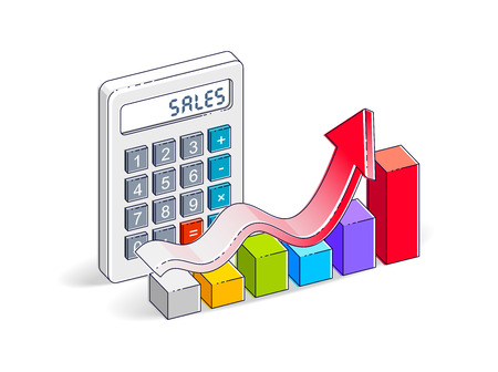 Sales concept, calculator and growth chart with arrow isolated on white background. Vector 3d isometric business and finance illustration.のイラスト素材