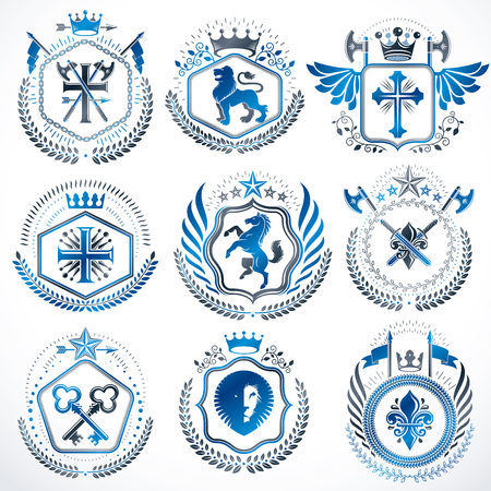 Set of old style heraldry vector emblems, vintage illustrations decorated with monarch accessories, towers, pentagonal stars, weapon and armory. Coat of Arms collection.のイラスト素材
