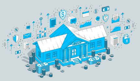Banking theme cartoon, bank building with dollars and coin stack isolated over white background. 3d vector business isometric illustration with icons, stats charts and design elements.のイラスト素材