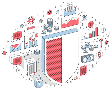 Protection of finances concept, financial safety, Life Buoy and Shield isolated on white background. Vector 3d isometric business illustration with icons, stats charts and design elements.のイラスト素材