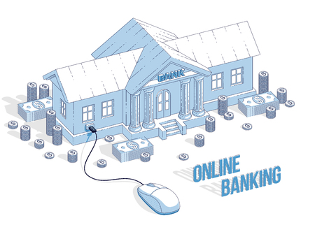 Online Banking concept, bank building with computer mouse and cash money stack and coins isolated on white background. Vector 3d isometric business and finance illustration, thin line design.のイラスト素材