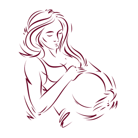 Pregnant female body shape hand drawn vector illustration, beautiful lady gently touching her belly. Love and tenderness concept.のイラスト素材