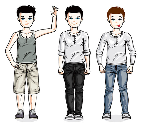 Beautiful happy young teenager boys posing wearing fashionable casual clothes. Vector diversity kids illustrations set.のイラスト素材