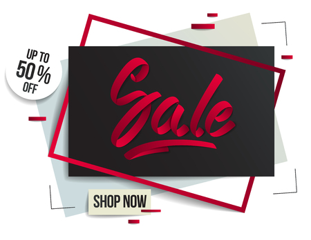 Sale flyer template with lettering, poster, card, banner, advertising design, moderate colors vector modern style cartoon paper cut 3d illustration.のイラスト素材