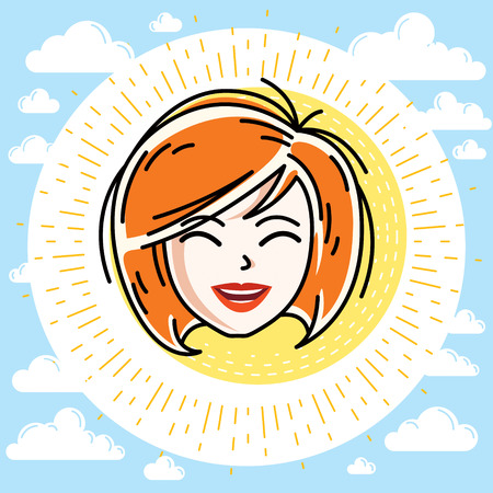 Beautiful women face, human head. Vector redhead character, attractive lady face features.のイラスト素材
