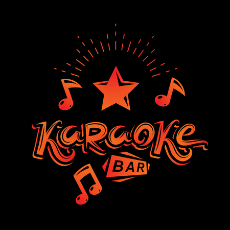 Karaoke bar writing, vector emblem created using musical notes and other design elements. Leisure and relaxation lifestyle presentationのイラスト素材