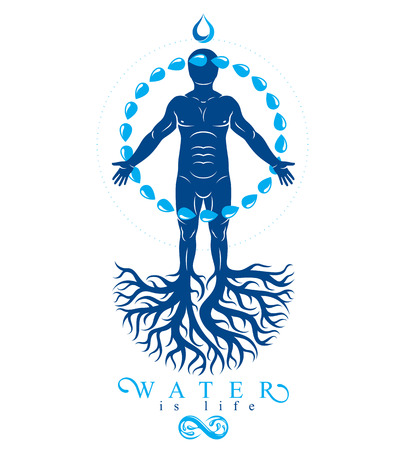 Vector illustration of athletic man composed with tree roots and circle of water drops, human water reserves metaphor.のイラスト素材