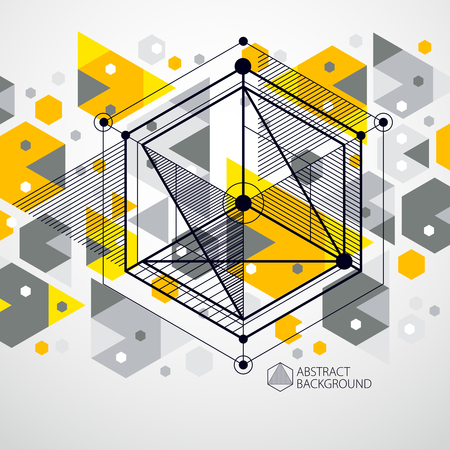 Abstract geometric vector yellow background with cubes and other elements. Composition of cubes, hexagons, squares, rectangles and abstract elements. Perfect background for your design projects.のイラスト素材