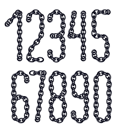 Set of vector numerals from 0 to 9. Elegant numbers for use as poster design elements. Made with iron chain, linked connection.のイラスト素材