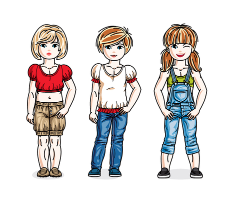 Pretty little girls standing wearing fashionable casual clothes. Vector set of beautiful kids illustrations. Childhood and family lifestyle cartoons. Childhood and family lifestyle clip art.のイラスト素材