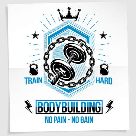 Weightlifting club vector promotion flyer composed using disc weight dumb-bell and kettle bell sport equipment. No pain no gain writing.のイラスト素材