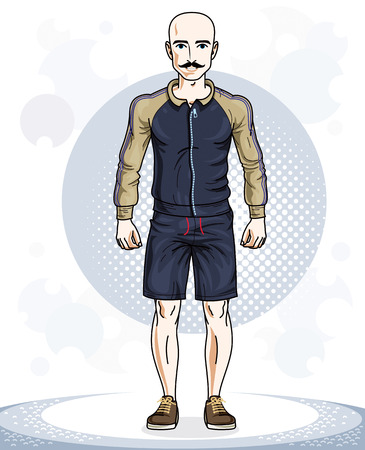 Handsome hairless young man posing. Vector illustration of sportsman with mustaches. Work out and training theme.のイラスト素材