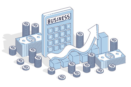 Business success and income growth concept, calculator, chart with arrow and cash money dollar stack and coins isolated on white background. Isometric 3d vector business and finance illustration.のイラスト素材