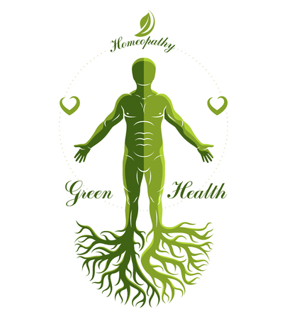 Vector illustration of individual, mystic character composed with tree roots and leaves. Vegetarian lifestyle concept.のイラスト素材