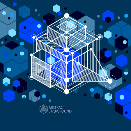 Engineering technology vector dark blue wallpaper made with 3D cubes and lines. Engineering technological wallpaper made with honeycombs. Abstract technical background.のイラスト素材