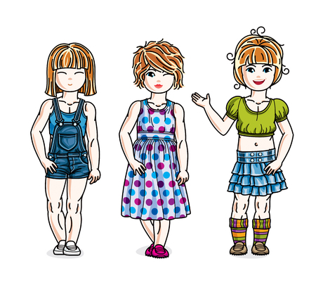 Different little girls cute children standing in stylish casual clothes. Vector diversity kids illustrations set.のイラスト素材