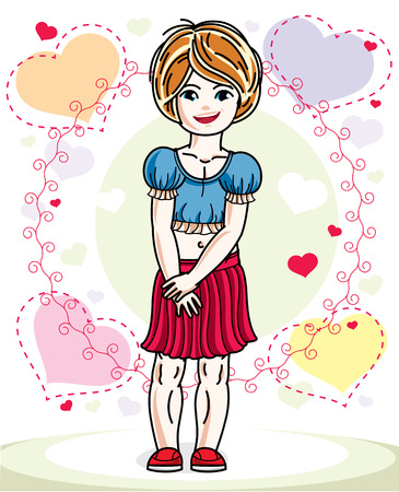 Beautiful happy little red-haired girl in stylish casual clothes posing on colorful backdrop with romantic hearts. Vector illustration of attractive kid.のイラスト素材