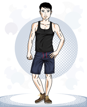 Confident handsome athletic brunet young sporty man standing. Vector illustration of male wearing sport clothes, sport style.のイラスト素材