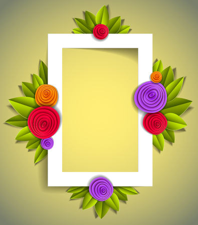 Flowers and leaves beautiful background or frame with blank copy space for text, vector illustration in paper cut style. Wedding invitation or romantic greeting card.のイラスト素材