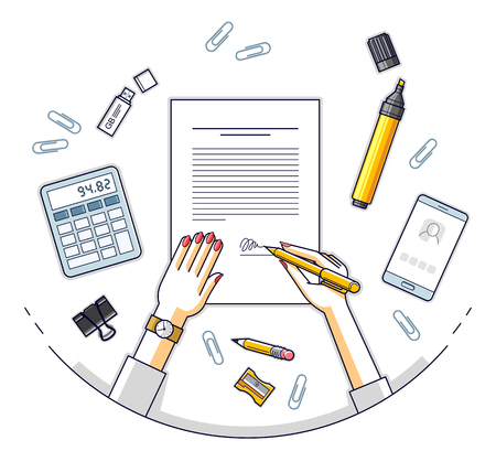 Business woman signs contract official paper document with seal, lady boss signs an order or directive, approve disposal, CEO manager chief, top view of paper with woman hands. Vector illustration.のイラスト素材
