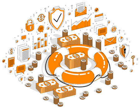 Insurance policy concept, Life Buoy with cash money dollar stack and coins isolated on white background. Isometric 3d vector finance illustration with icons, stats charts and design elements.のイラスト素材