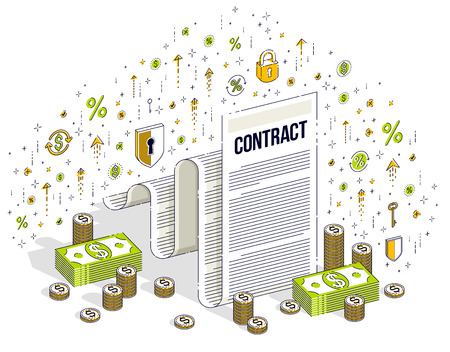 Contract sheet paper legal document and cash money stacks isolated on white background. 3d vector business isometric illustration with icons, stats charts and design elements.のイラスト素材