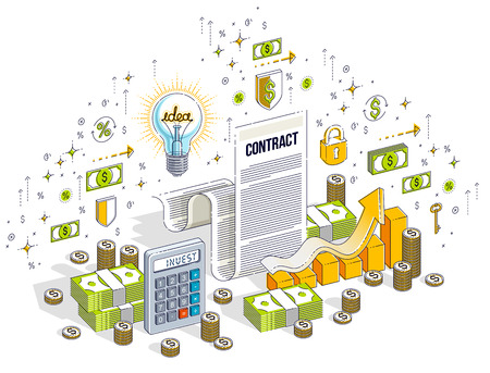 Contract sheet paper legal document and cash money stacks isolated on white background. 3d vector business isometric illustration with icons, stats charts and design elements.のイラスト素材